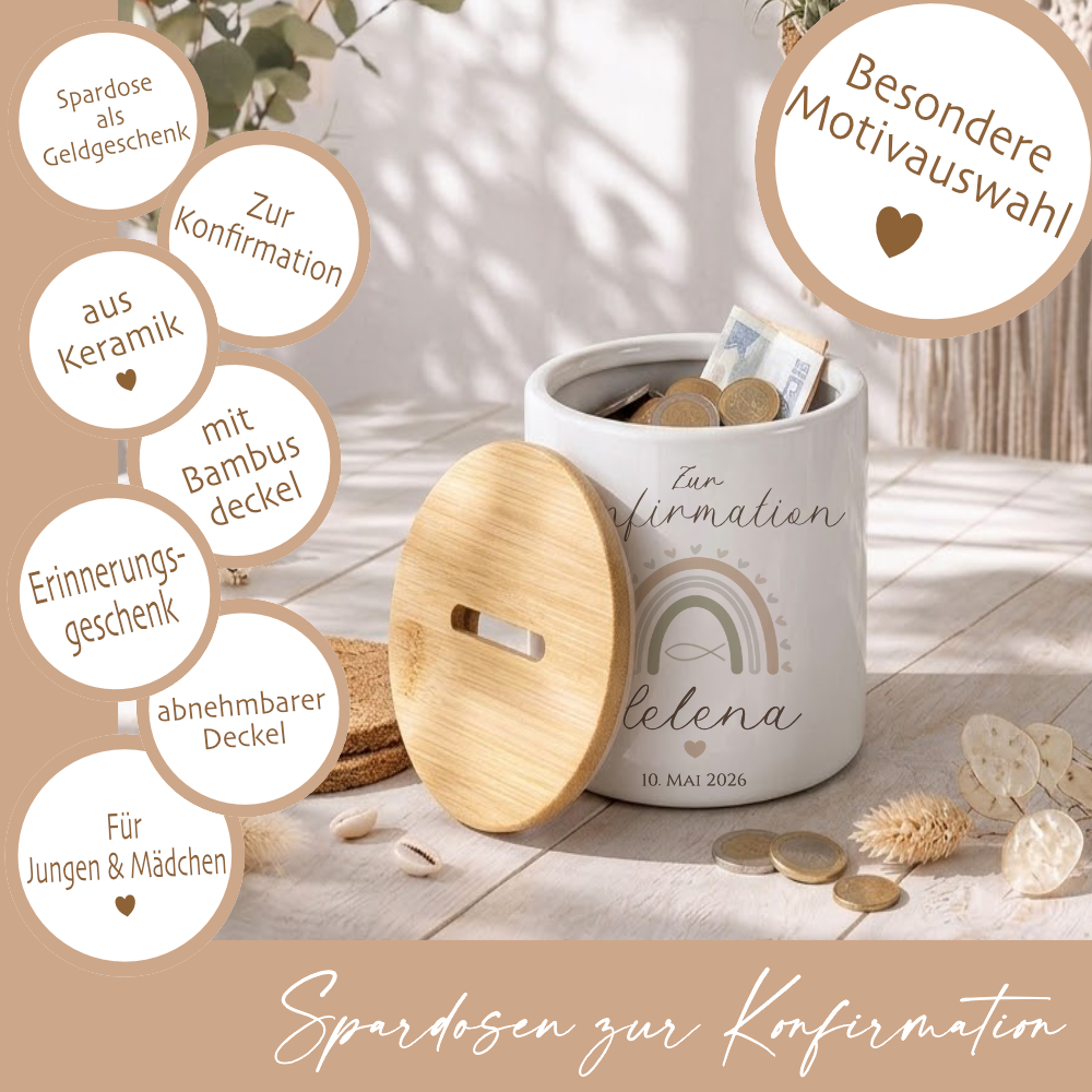 Personalisierte Spardose zur Konfirmation – Geldgeschenk aus Keramik mit Bambusdeckel