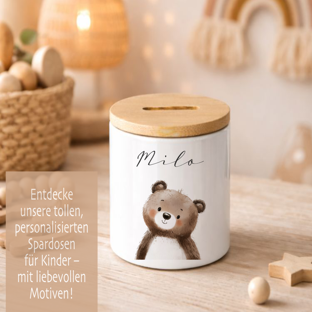 Personalisierte Kinder-Spardose aus Keramik mit Bambusdeckel – liebevolles Geschenk