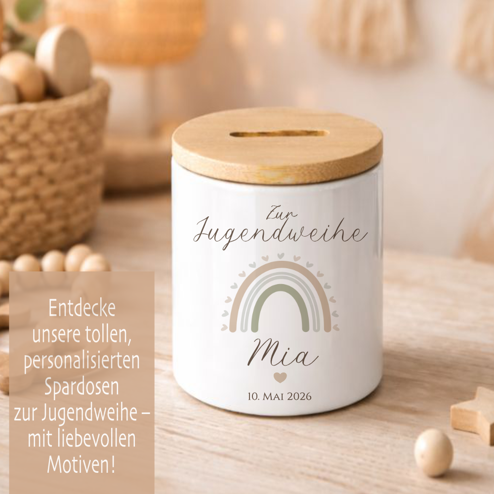 Personalisierte Spardose zur Jugendweihe mit Bambusdeckel – Keramik Sparbüchse mit Namen & Datum – Geldgeschenk Boho Regenbogen – 4 Motive zur Auswahl