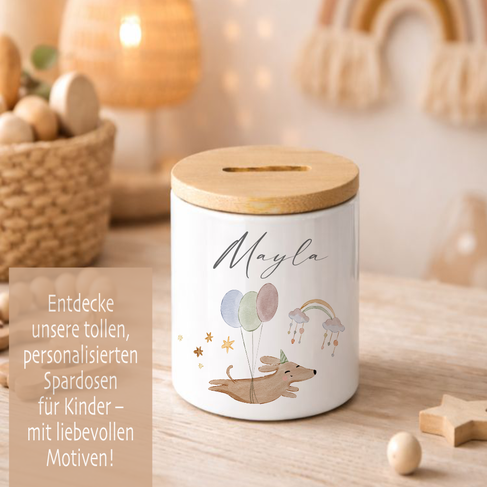 Personalisierte Spardose für Kinder aus Keramik mit Bambusdeckel – mit Namen – 6 Motive