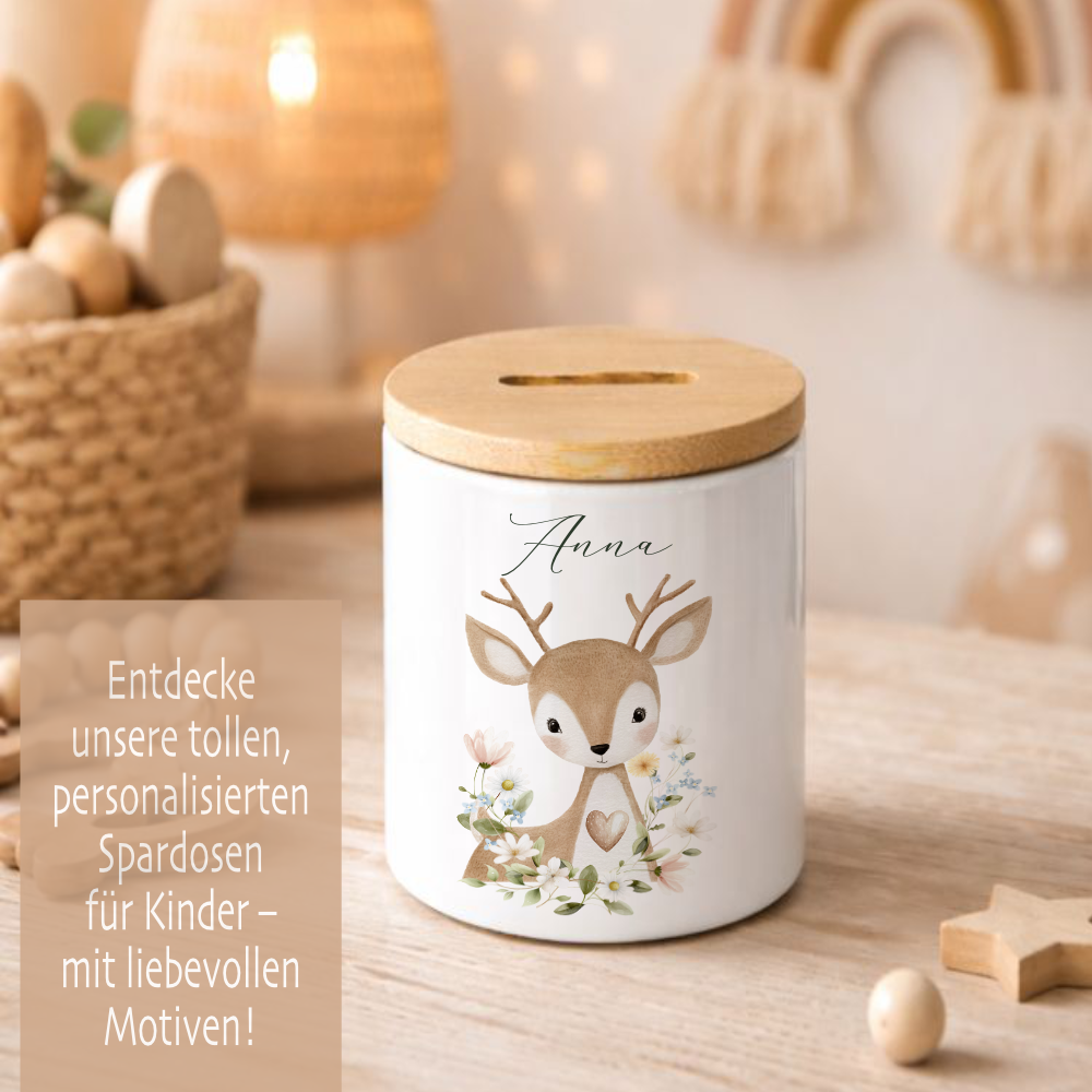 Personalisierte Spardose aus Keramik mit Bambusdeckel – Süße Waldtiere Motive im Boho-Stil – Sparbüchse mit Namen für Kinder