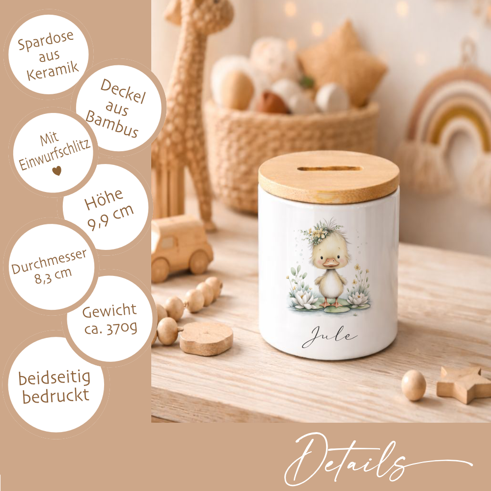 Personalisierte Keramik-Spardose mit Bambusdeckel für Kinder & Babys | Individuelles Geldgeschenk mit Namen | Motive: Igel, Faultier, Otter, Ente, Küken