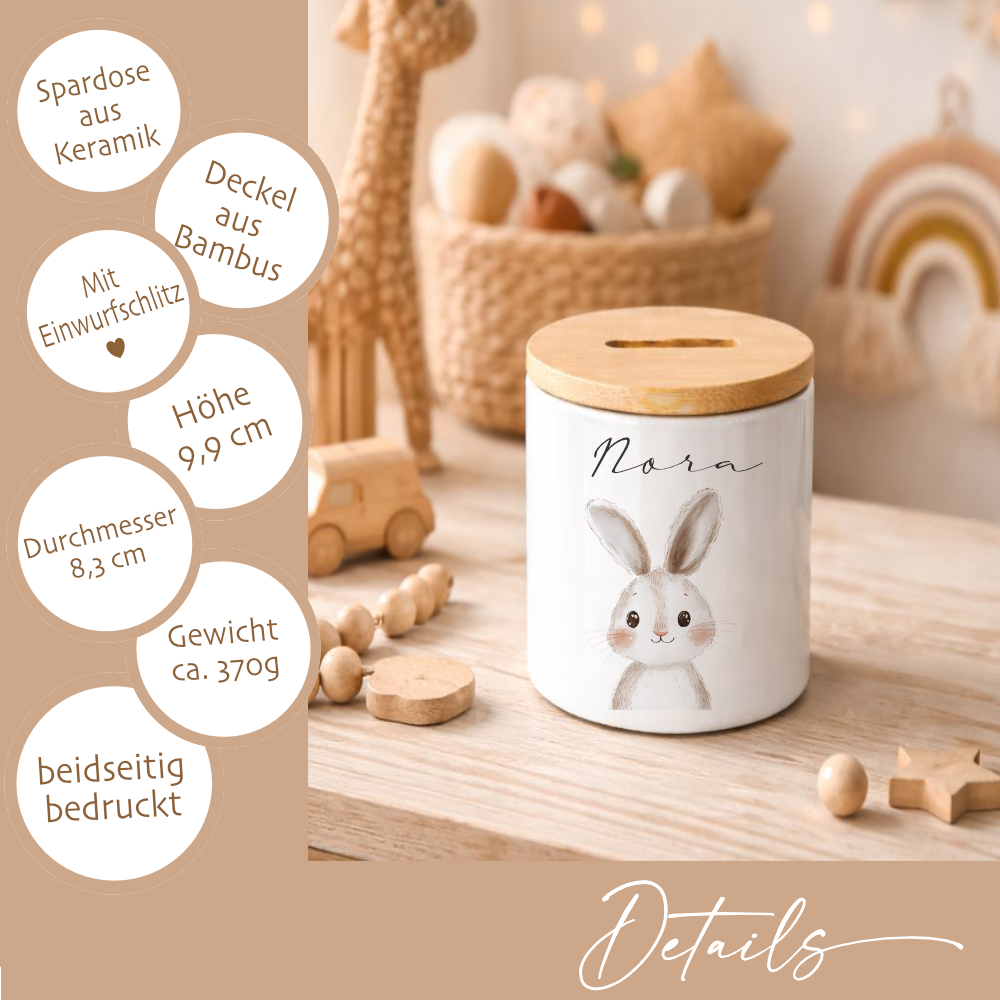 Personalisierte Kinder-Spardose aus Keramik mit Bambusdeckel – liebevolles Geschenk