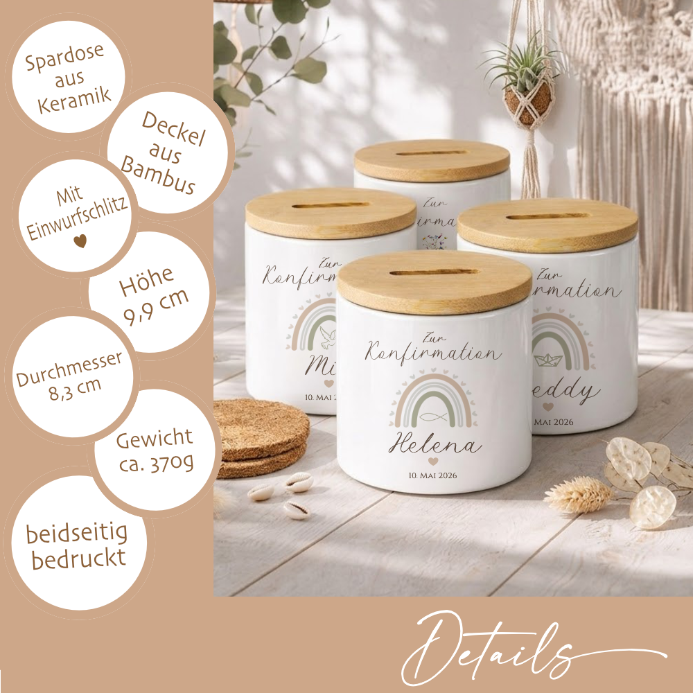 Personalisierte Spardose zur Konfirmation – Geldgeschenk aus Keramik mit Bambusdeckel