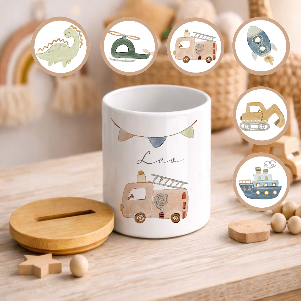 Kinderspardose mit Namen – Personalisierte Spardose aus Keramik mit Bambusdeckel