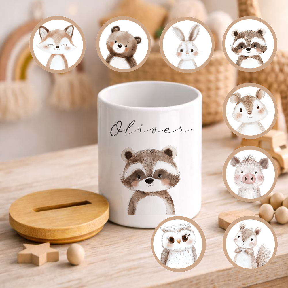 Personalisierte Kinder-Spardose aus Keramik mit Bambusdeckel – liebevolles Geschenk