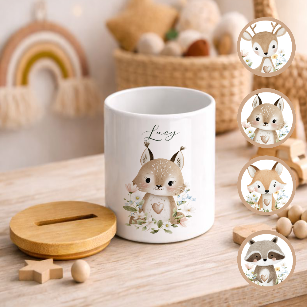Personalisierte Spardose aus Keramik mit Bambusdeckel – Süße Waldtiere Motive im Boho-Stil – Sparbüchse mit Namen für Kinder