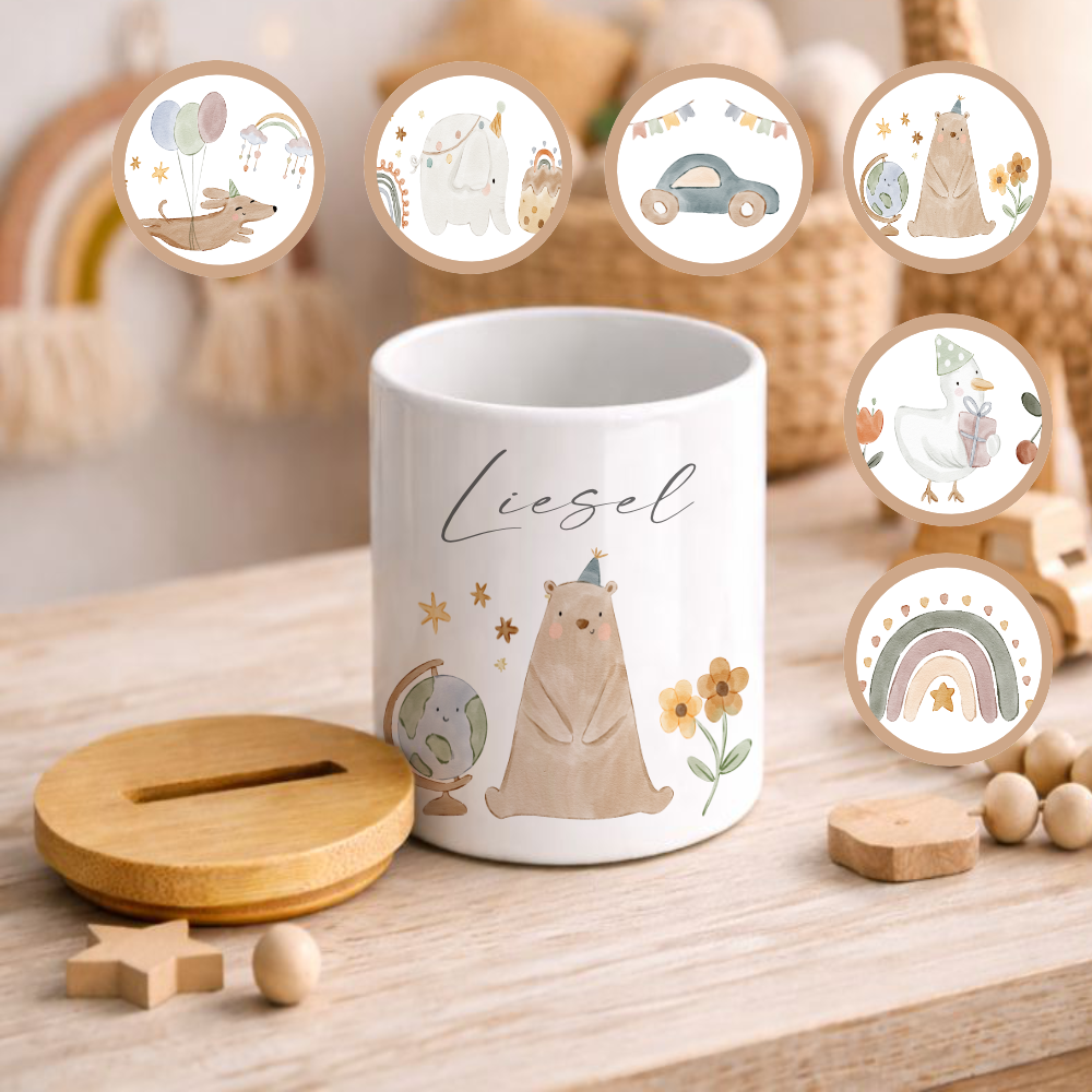 Personalisierte Spardose für Kinder aus Keramik mit Bambusdeckel – mit Namen – 6 Motive