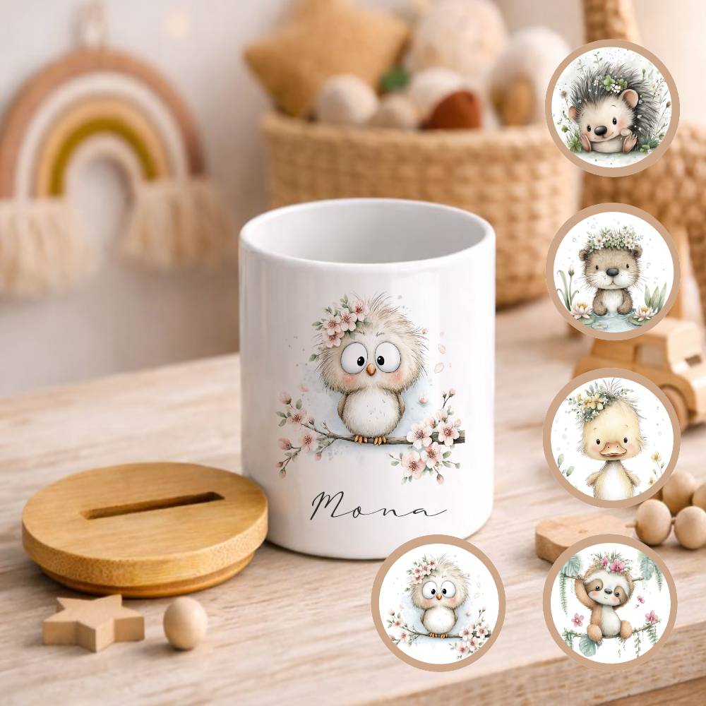Personalisierte Keramik-Spardose mit Bambusdeckel für Kinder & Babys | Individuelles Geldgeschenk mit Namen | Motive: Igel, Faultier, Otter, Ente, Küken