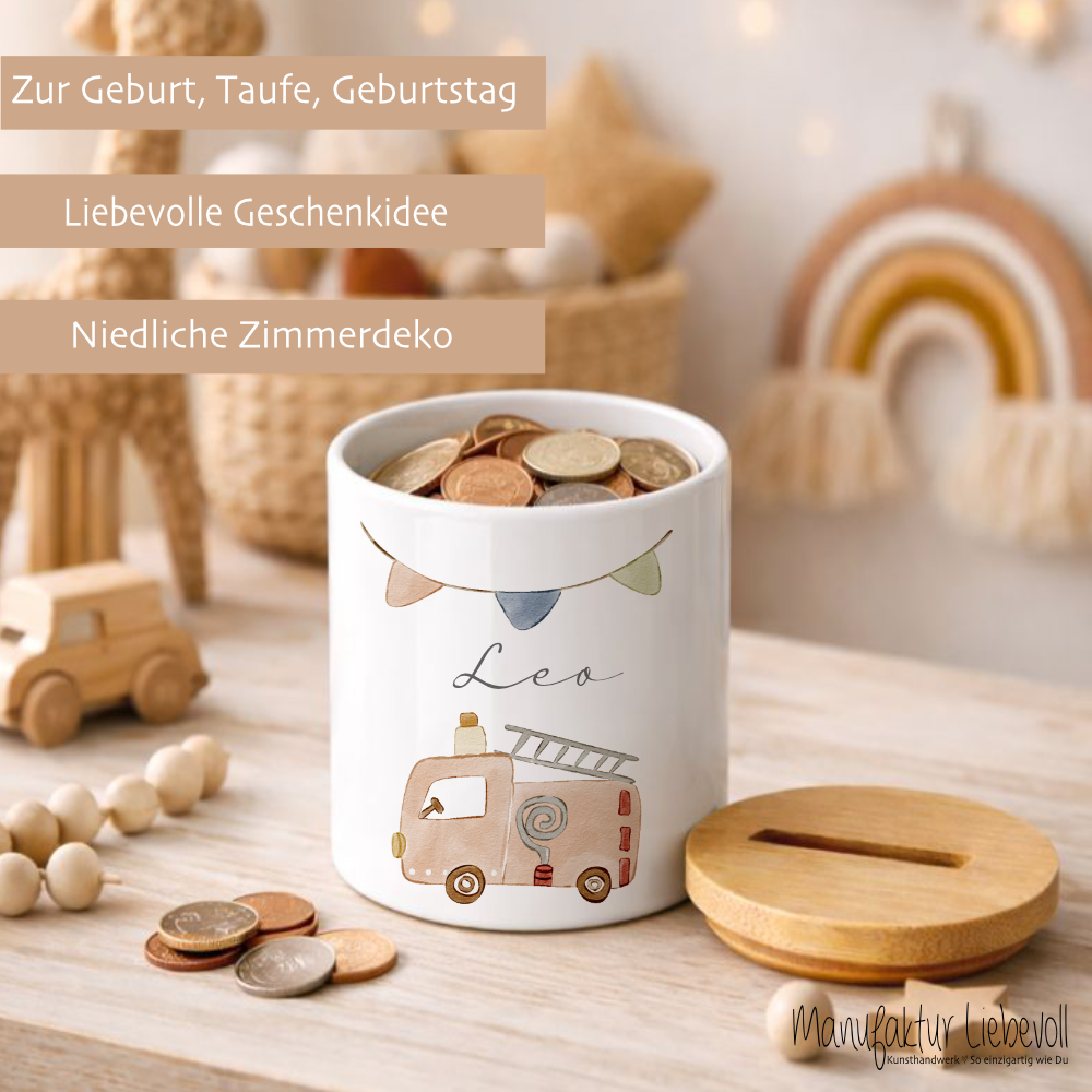 Kinderspardose mit Namen – Personalisierte Spardose aus Keramik mit Bambusdeckel