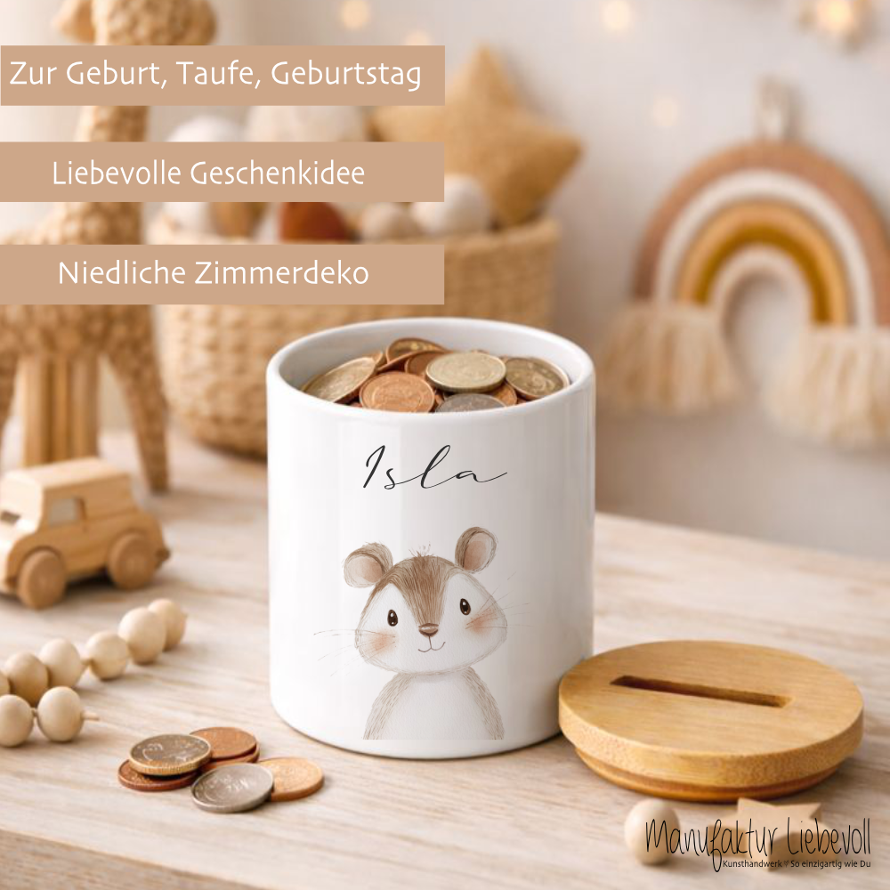 Personalisierte Kinder-Spardose aus Keramik mit Bambusdeckel – liebevolles Geschenk
