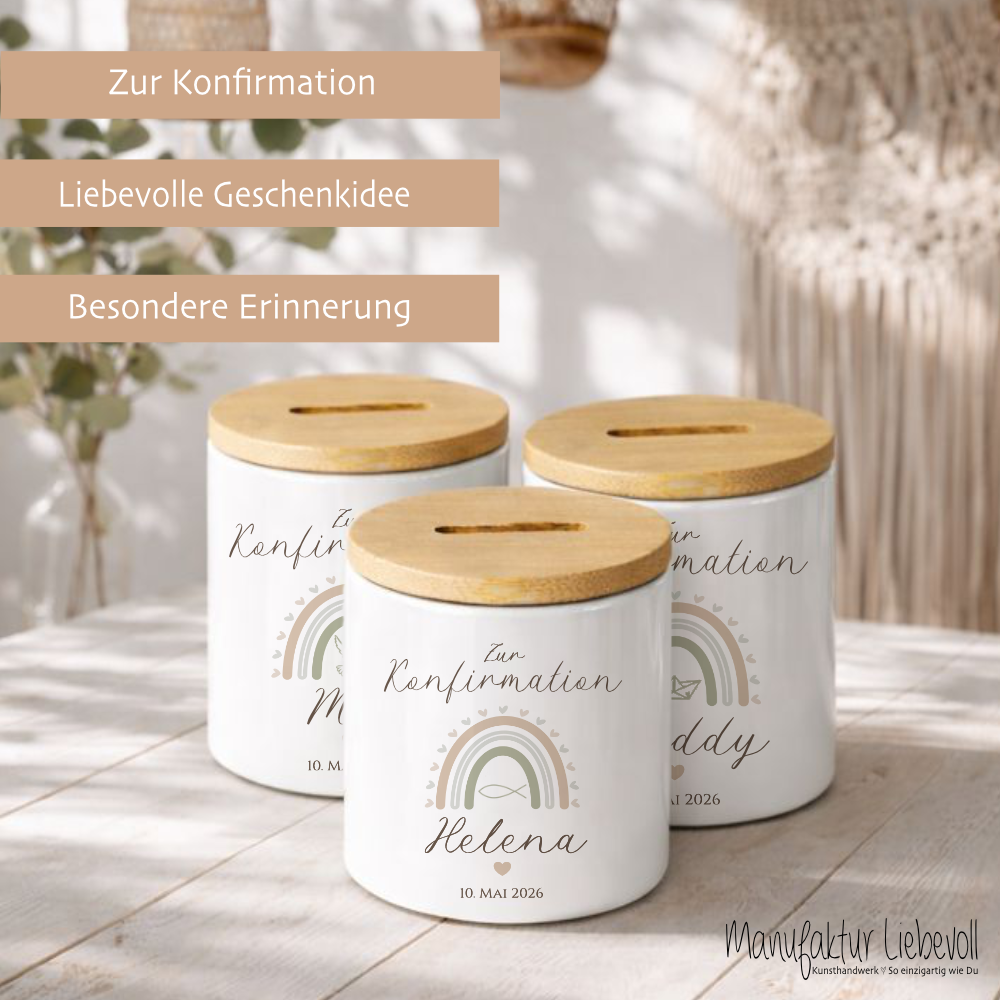 Personalisierte Spardose zur Konfirmation – Geldgeschenk aus Keramik mit Bambusdeckel