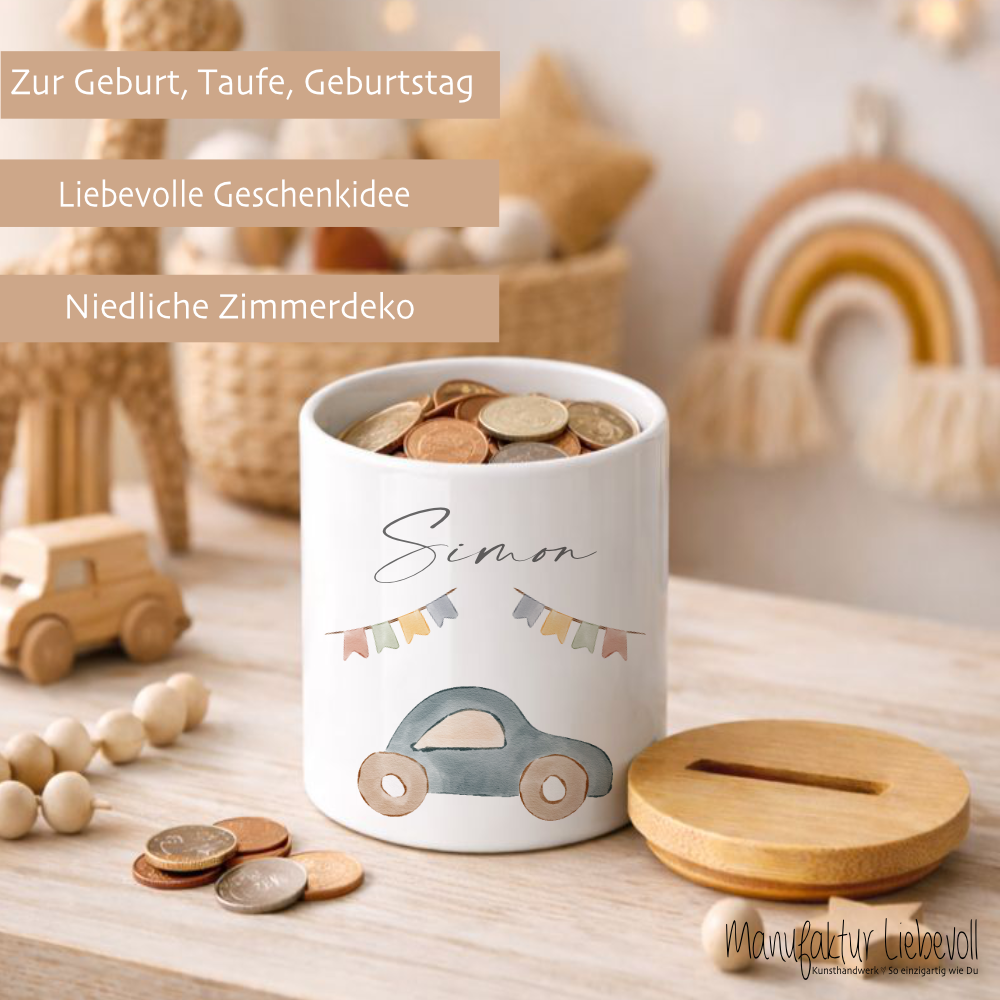 Personalisierte Spardose für Kinder aus Keramik mit Bambusdeckel – mit Namen – 6 Motive