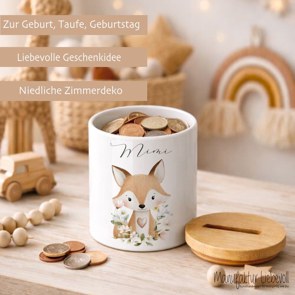 Personalisierte Spardose aus Keramik mit Bambusdeckel – Süße Waldtiere Motive im Boho-Stil – Sparbüchse mit Namen für Kinder