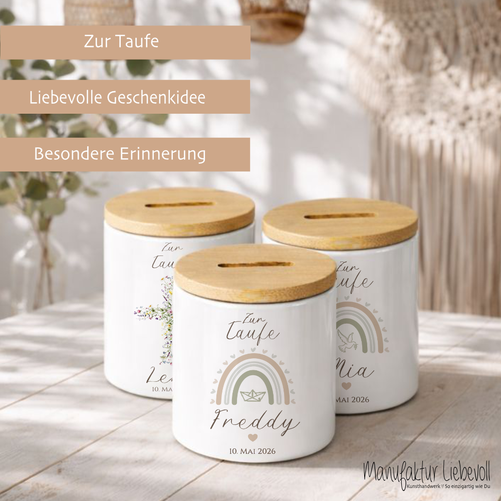 Personalisierte Spardose zur Taufe aus Bambus – Individuelles Taufgeschenk mit Gravur