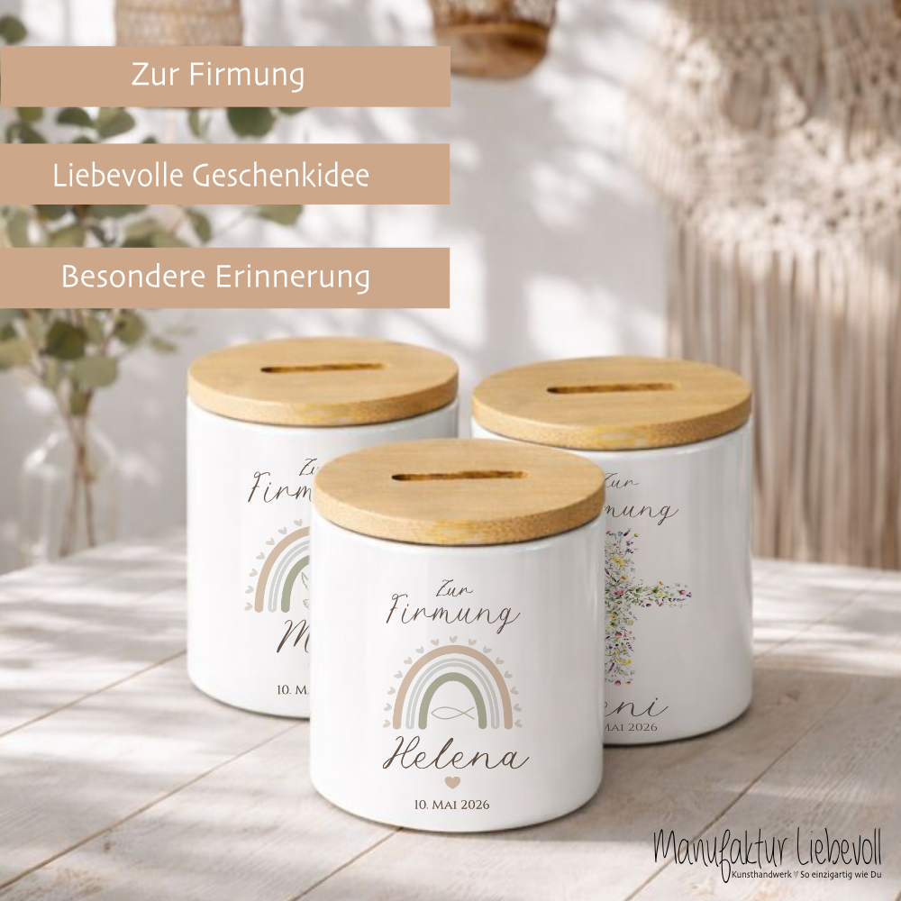 Personalisierte Spardose zur Firmung – Geldgeschenk aus Keramik mit Bambusdeckel