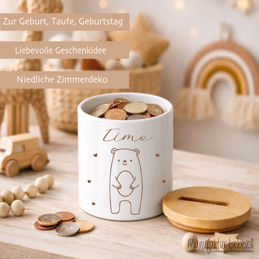 Personalisierte Kinderspardose mit Namen aus Keramik & Bambusdeckel