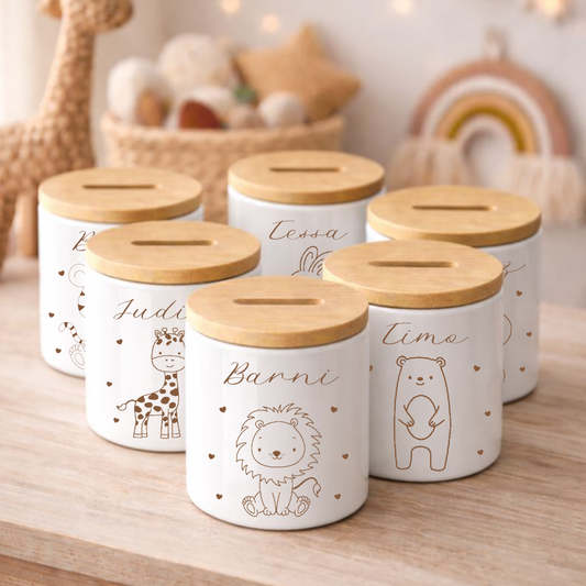 Personalisierte Kinderspardose mit Namen aus Keramik & Bambusdeckel
