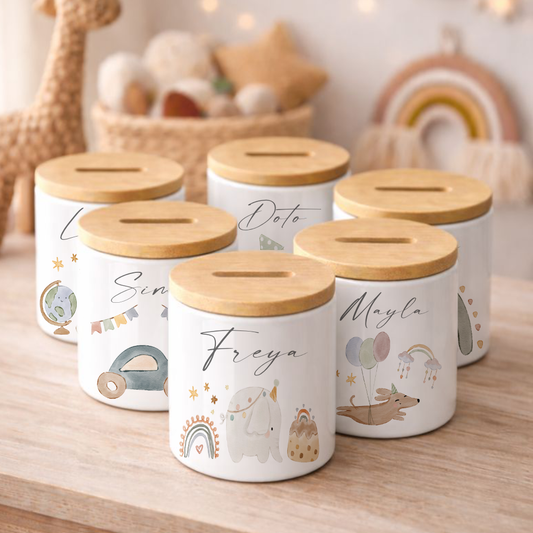 Personalisierte Spardose für Kinder aus Keramik mit Bambusdeckel – mit Namen – 6 Motive