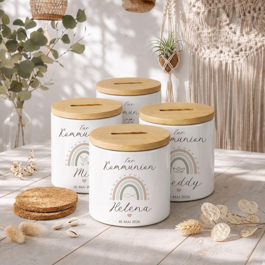 Personalisierte Spardose zur Kommunion – Geldgeschenk aus Keramik mit Bambusdeckel