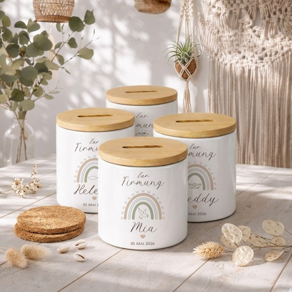 Personalisierte Spardose zur Firmung – Geldgeschenk aus Keramik mit Bambusdeckel
