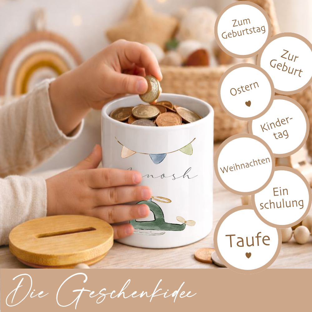 Kinderspardose mit Namen – Personalisierte Spardose aus Keramik mit Bambusdeckel