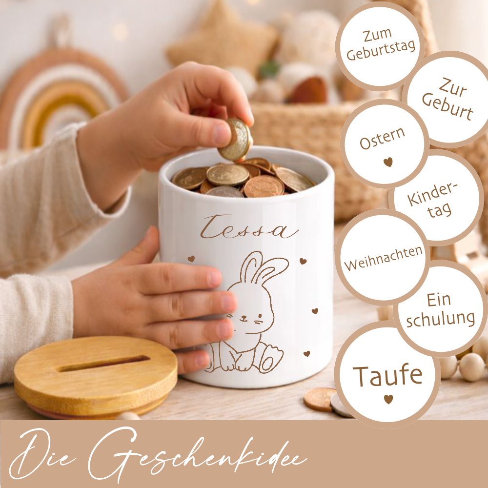 Personalisierte Kinderspardose mit Namen aus Keramik & Bambusdeckel