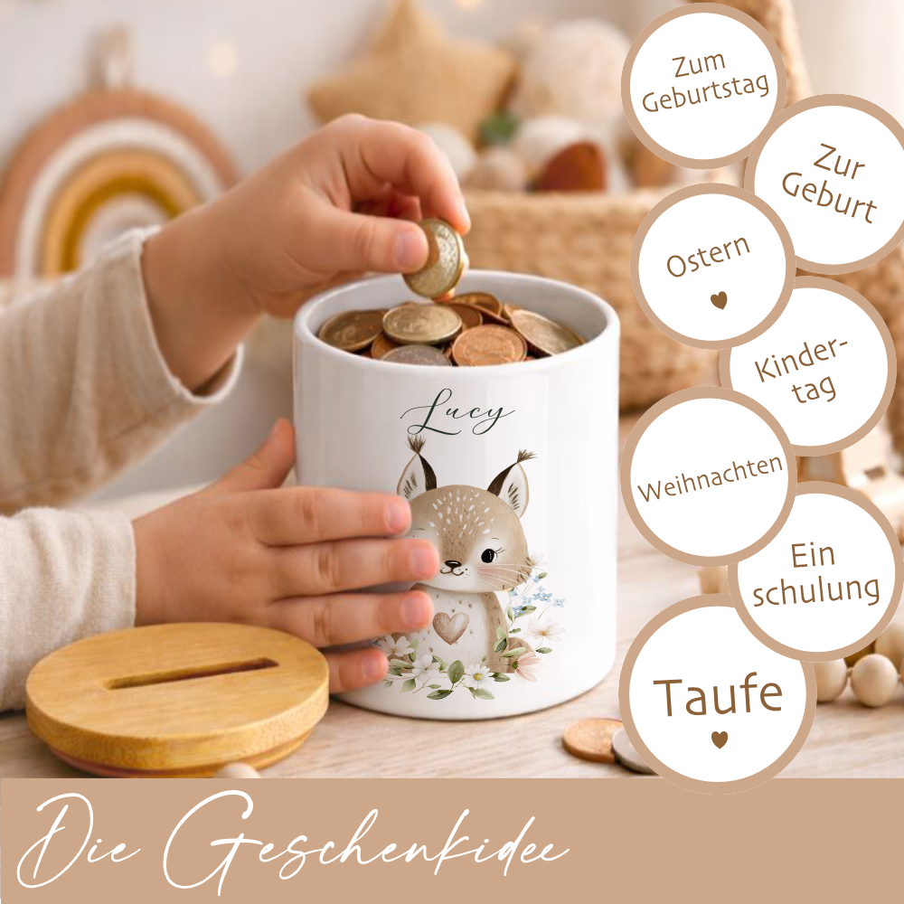 Personalisierte Spardose aus Keramik mit Bambusdeckel – Süße Waldtiere Motive im Boho-Stil – Sparbüchse mit Namen für Kinder