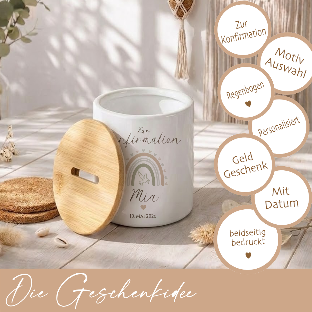 Personalisierte Spardose zur Konfirmation – Geldgeschenk aus Keramik mit Bambusdeckel