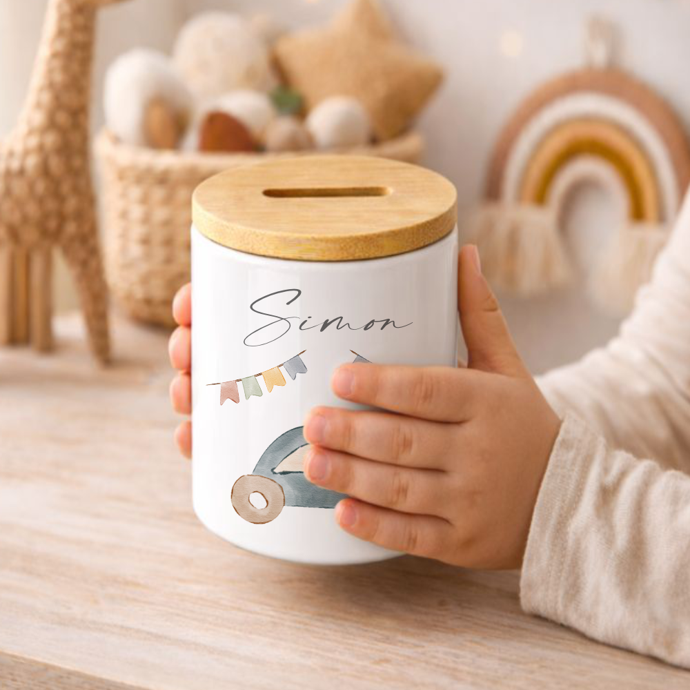 Personalisierte Spardose für Kinder aus Keramik mit Bambusdeckel – mit Namen – 6 Motive