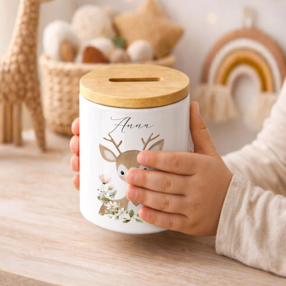 Personalisierte Spardose aus Keramik mit Bambusdeckel – Süße Waldtiere Motive im Boho-Stil – Sparbüchse mit Namen für Kinder