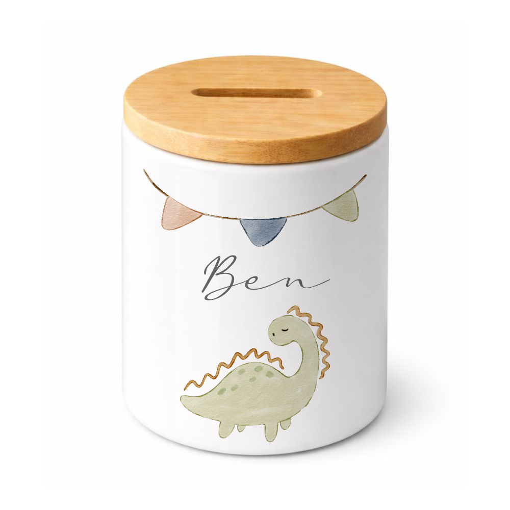 Kinderspardose mit Namen – Personalisierte Spardose aus Keramik mit Bambusdeckel