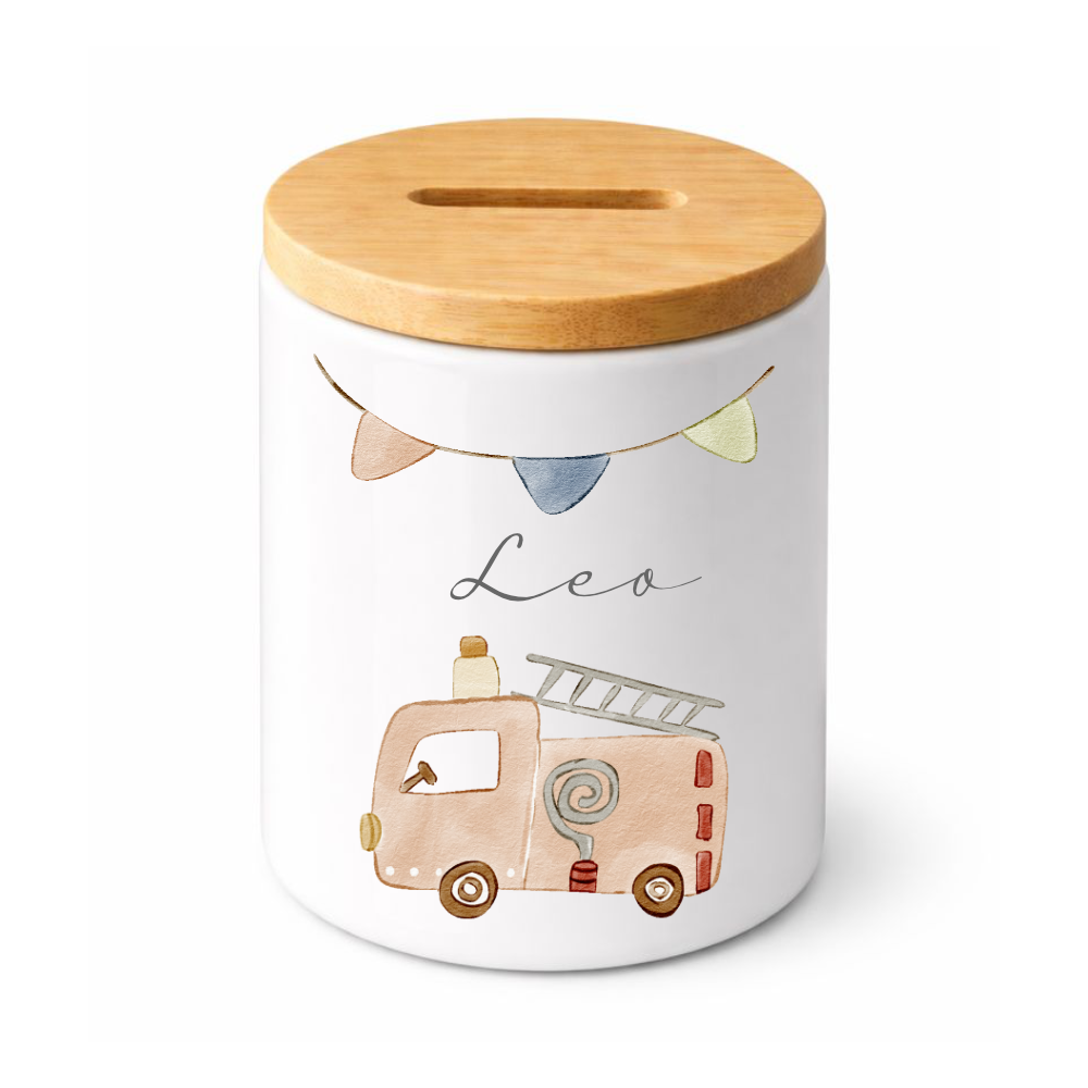 Kinderspardose mit Namen – Personalisierte Spardose aus Keramik mit Bambusdeckel