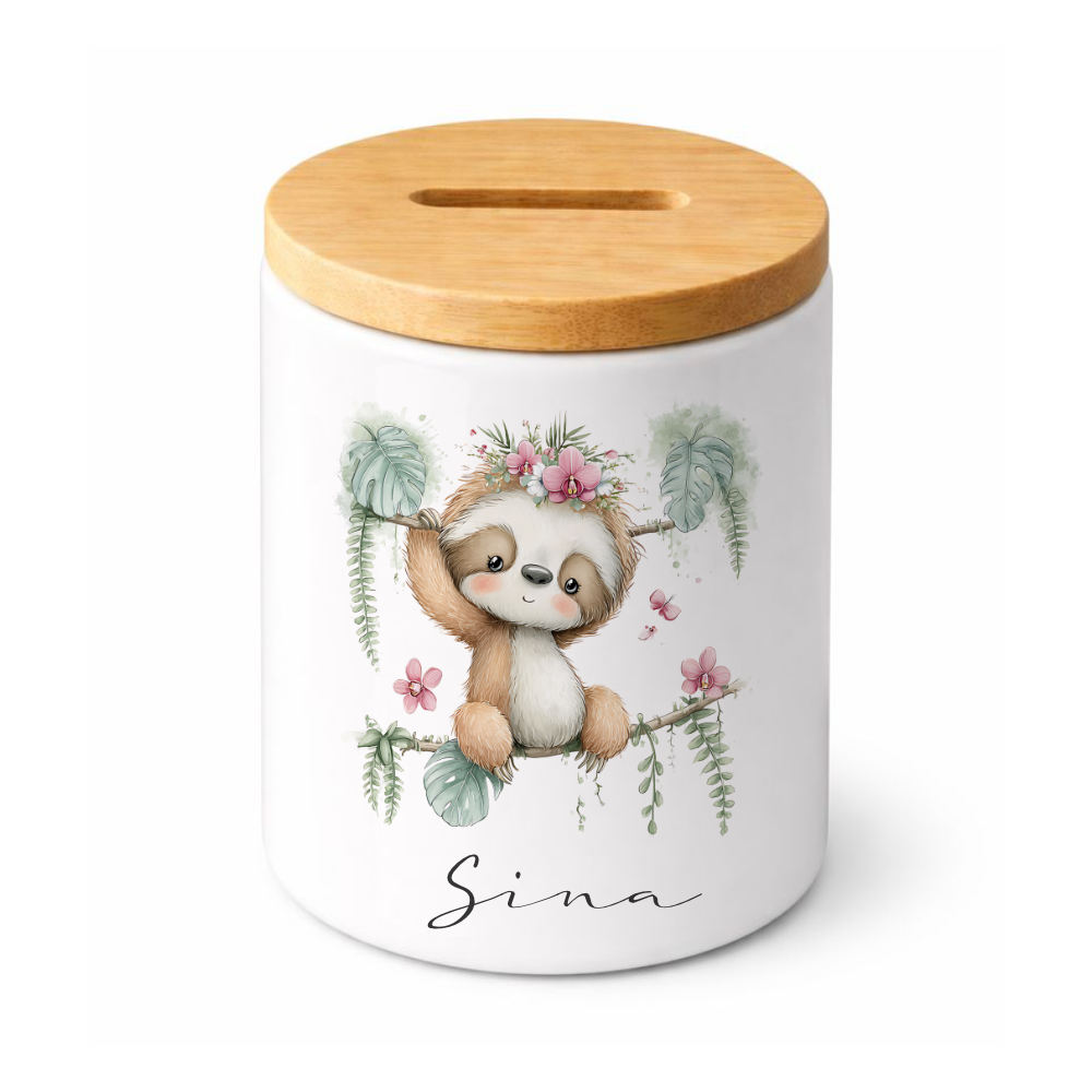 Personalisierte Keramik-Spardose mit Bambusdeckel für Kinder & Babys | Individuelles Geldgeschenk mit Namen | Motive: Igel, Faultier, Otter, Ente, Küken