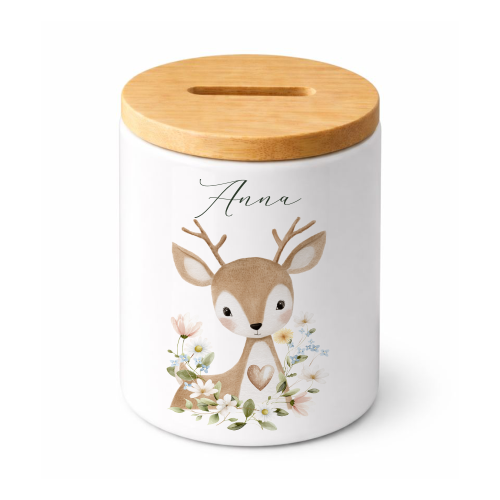 Personalisierte Spardose aus Keramik mit Bambusdeckel – Süße Waldtiere Motive im Boho-Stil – Sparbüchse mit Namen für Kinder