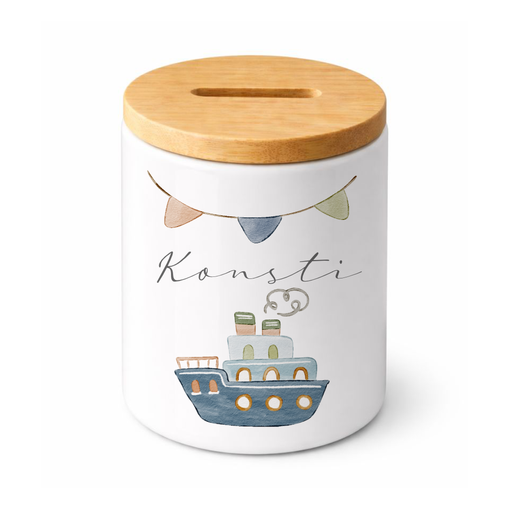 Kinderspardose mit Namen – Personalisierte Spardose aus Keramik mit Bambusdeckel