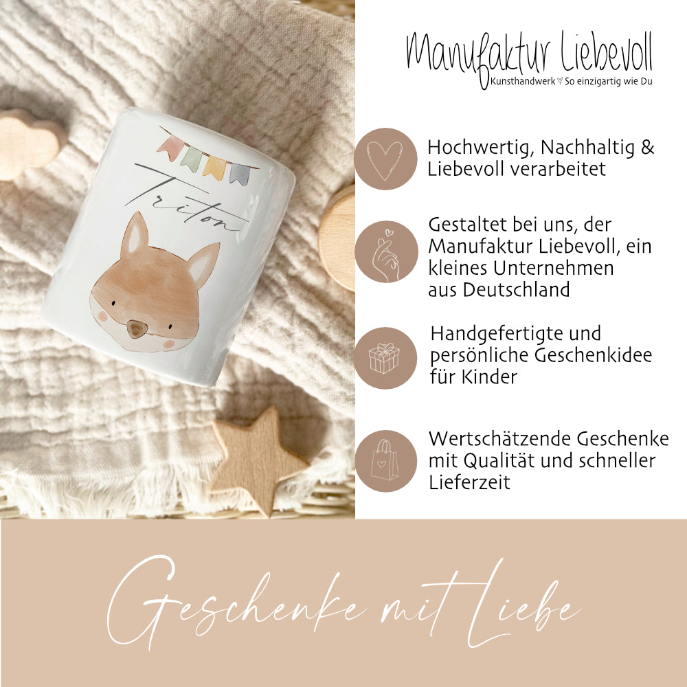 Spardose für Kinder - Personalisiert mit dem Namen, Motiv "Fuchs" aus Keramik