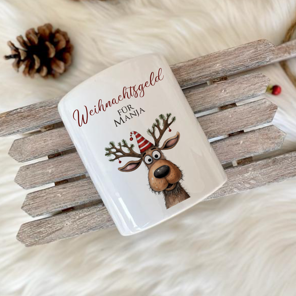 Weihnachtsgeld Spardose mit Rentier und dem Namen personalisiert