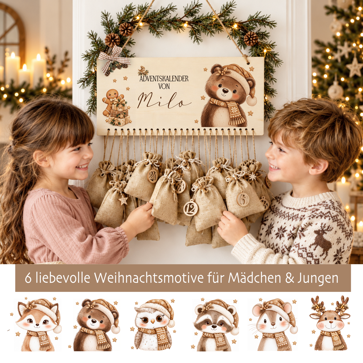 Personalisierter Adventskalender aus Holz mit Namen – 6 Tiermotive