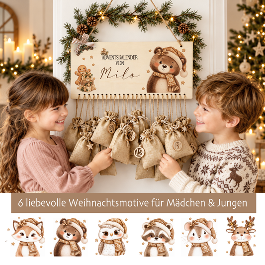 Personalisierter Adventskalender aus Holz mit Namen – 6 Tiermotive