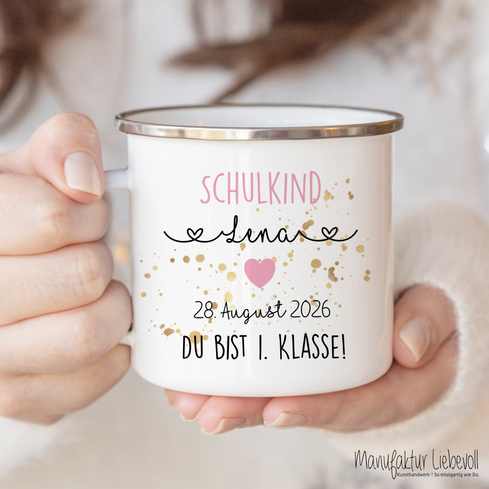 Personalisierte Tasse für das Schulkind | Geschenk für Jungen und Mädchen mit Namen und Datum | 2 Farbvarianten zur Auswahl