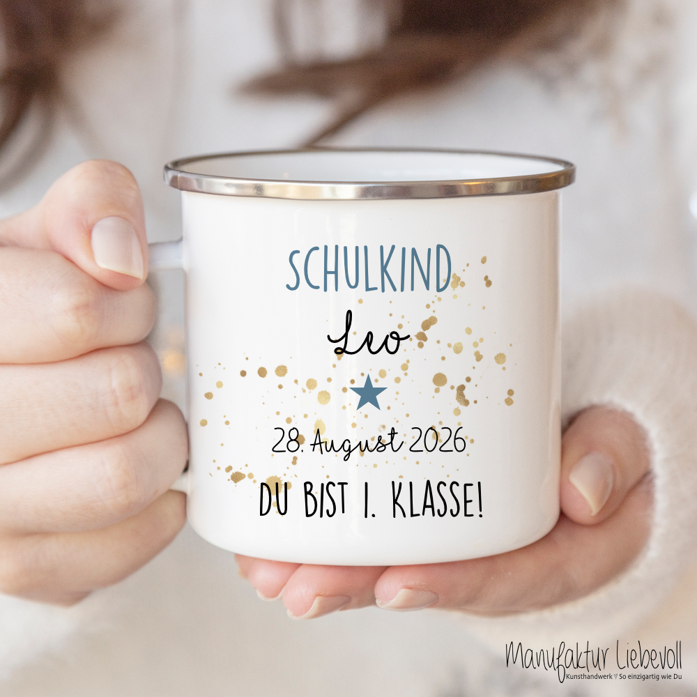 Personalisierte Tasse für das Schulkind | Geschenk für Jungen und Mädchen mit Namen und Datum | 2 Farbvarianten zur Auswahl