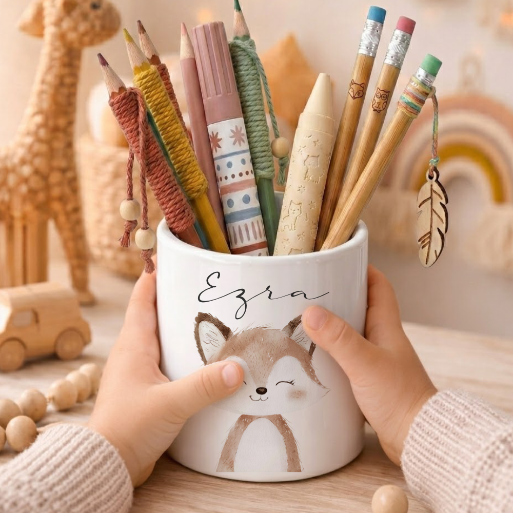 Personalisierter Stiftehalter Waldtiere – Keramik Stifteköcher mit Namen für Kinder