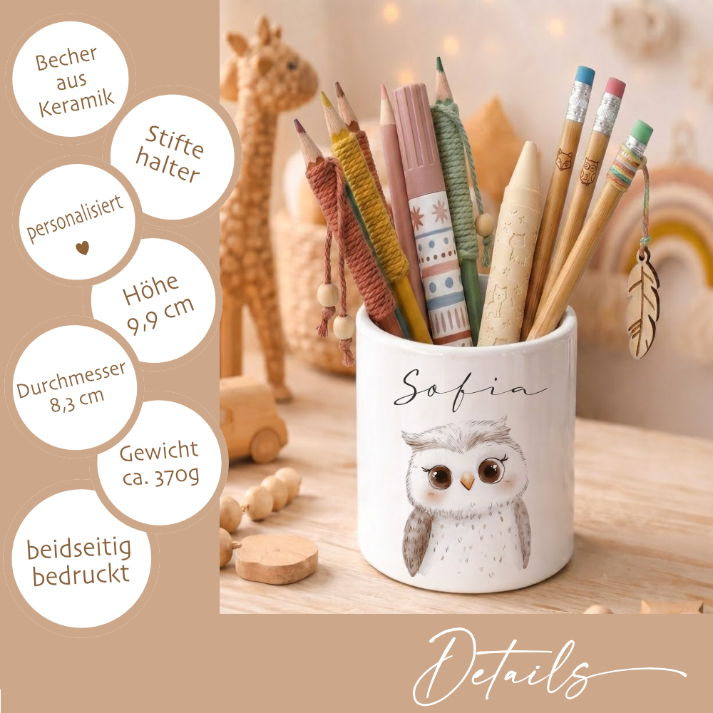 Personalisierter Stiftehalter Waldtiere – Keramik Stifteköcher mit Namen für Kinder