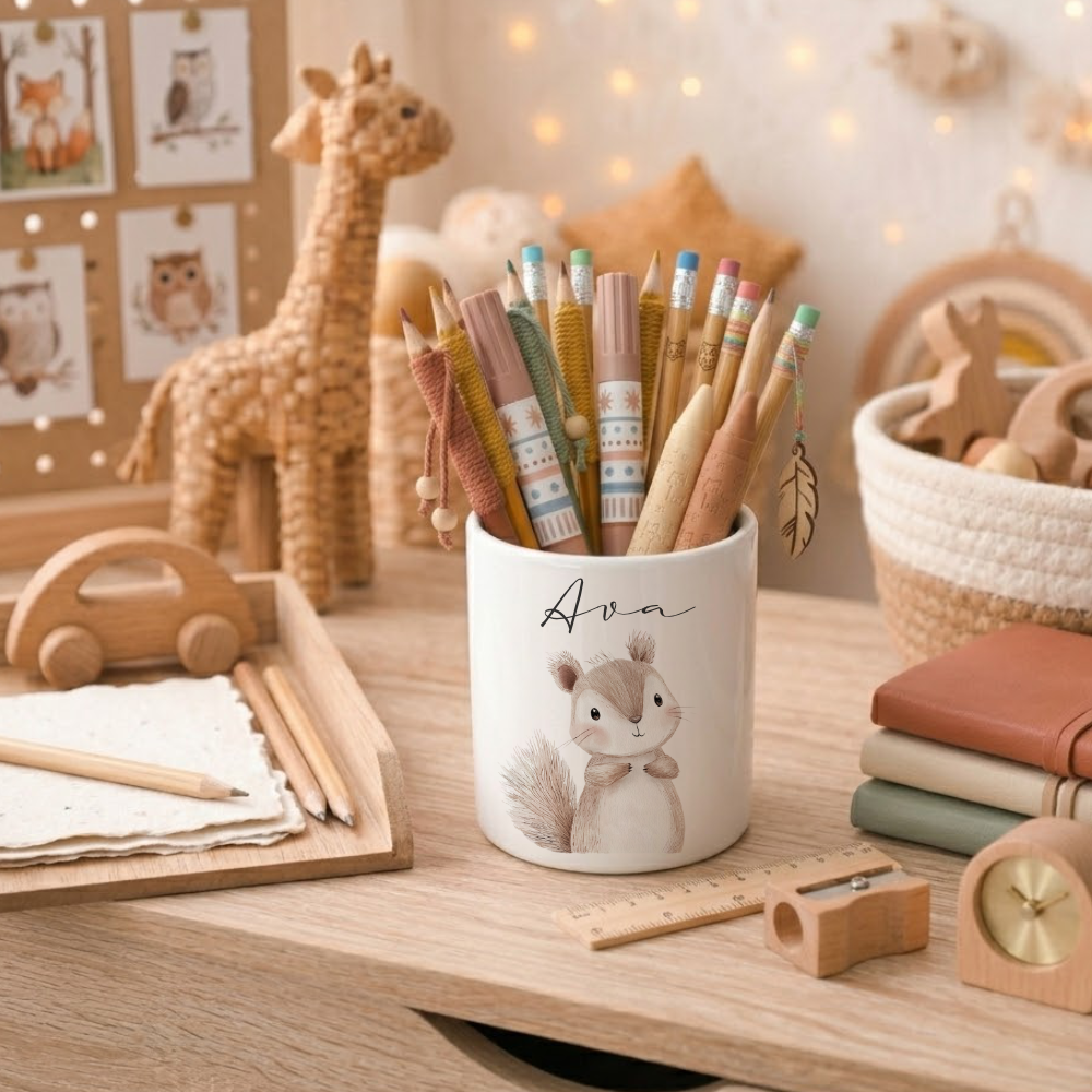 Personalisierter Stiftehalter Waldtiere – Keramik Stifteköcher mit Namen für Kinder