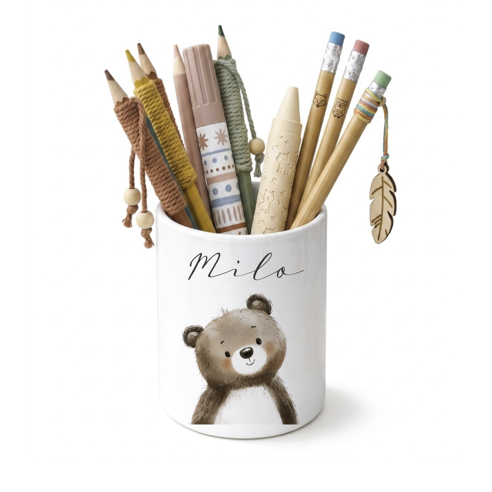 Personalisierter Stiftehalter Waldtiere – Keramik Stifteköcher mit Namen für Kinder