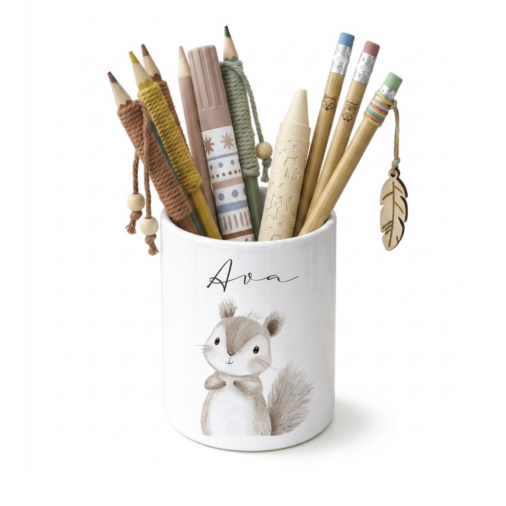 Personalisierter Stiftehalter Waldtiere – Keramik Stifteköcher mit Namen für Kinder