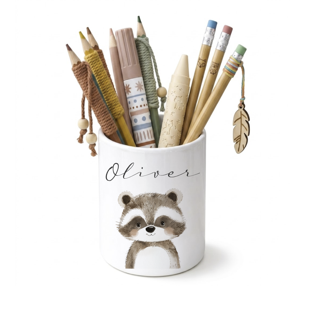 Personalisierter Stiftehalter Waldtiere – Keramik Stifteköcher mit Namen für Kinder