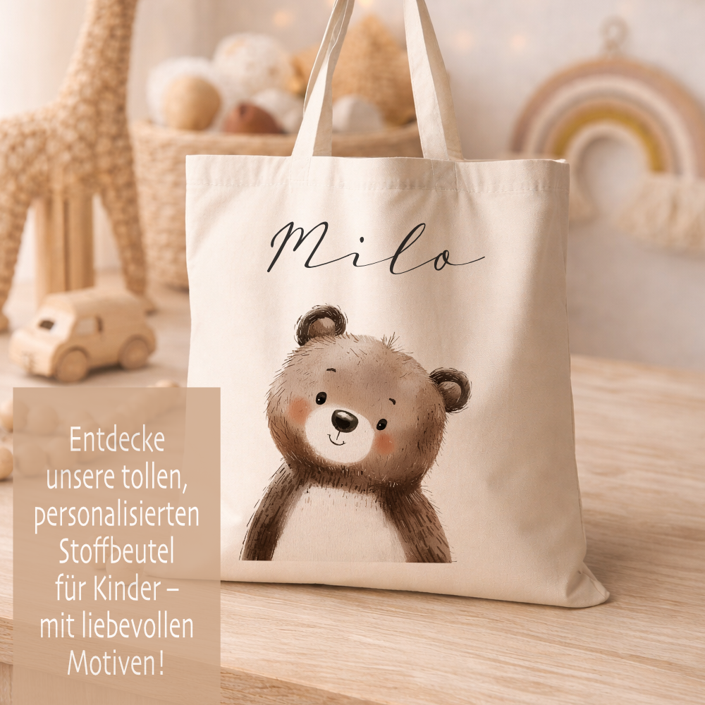 Personalisierter Stoffbeutel für Kinder mit Namen & Waldtier-Motiv Kinderbeutel – Beige Leinenoptik