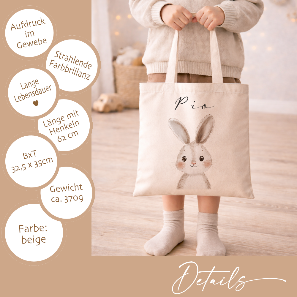 Personalisierter Stoffbeutel für Kinder mit Namen & Waldtier-Motiv Kinderbeutel – Beige Leinenoptik